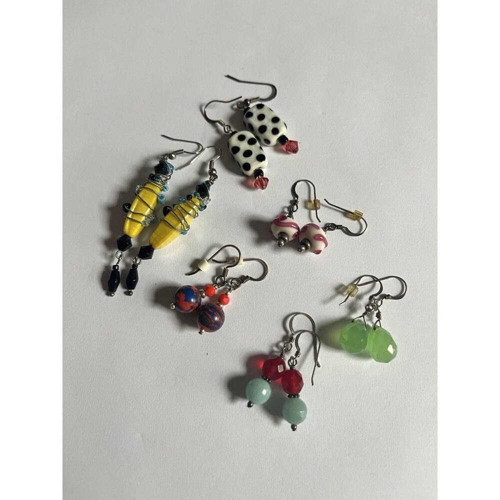 Lot 6 Pairs Colorful Glass Bead Dangle Earrings Artisan Boho Polka Dot Bright